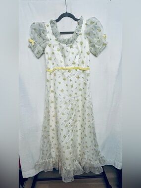 Vintage 1970's Sylvia Ann Sheer Floral Midi Dress with‎ Yellow Velvet Trim